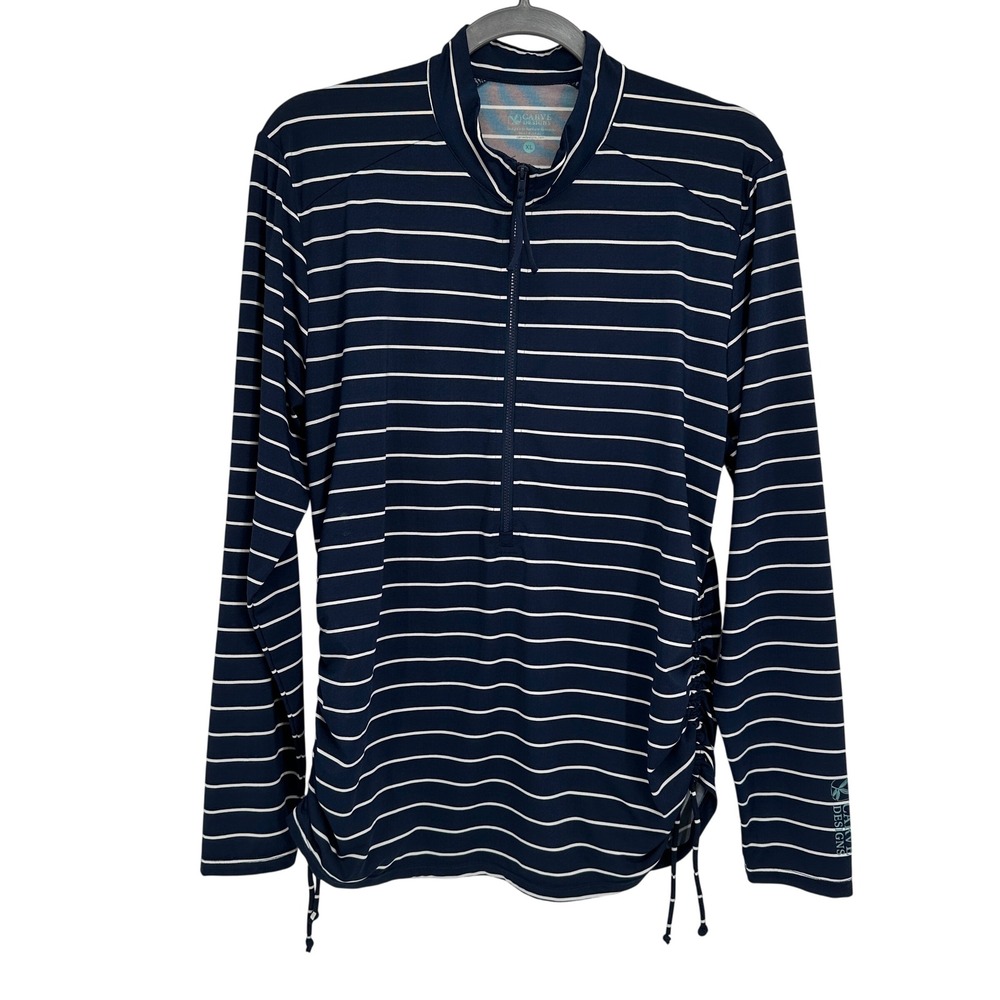 Carve Designs Rash Guard Womens XL Navy Blue White Striped Long Sleeve Swim Top